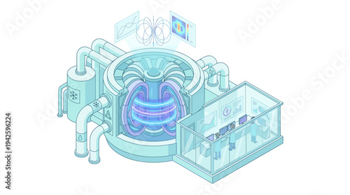 Isometric Nuclear Fusion Reactor Control Room with Scientists Monitoring Clean Energy Research, Futuristic Tokamak Laboratory Illustration