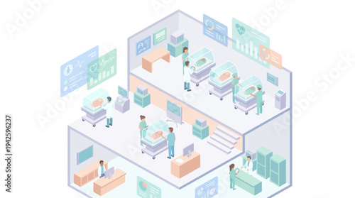 Isometric Neonatal Intensive Care Unit Medical Team Caring for Newborn Babies in Modern Hospital with Digital Health Monitoring Technology