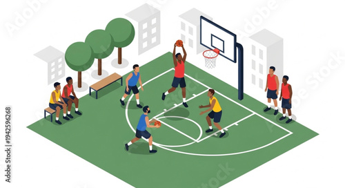 Basketball Players on Outdoor Court.