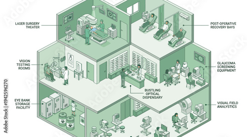 Isometric Ophthalmology Eye Clinic Hospital Interior with Laser Surgery Theater, Vision Testing Rooms, and Optical Dispensary Medical Healthcare Facility Cutaway Diagram