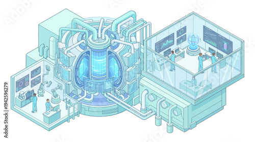 Isometric Nuclear Fusion Research Laboratory with Scientists Monitoring Tokamak Reactor, Clean Energy Innovation and Advanced Physics Technology Concept