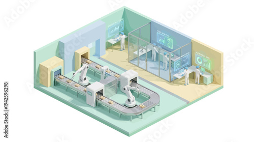 Isometric Smart Factory with Robotic Arms and Digital Control Room, Automated Manufacturing Line with AI Monitoring Dashboard, Industry 4.0 Production Technology