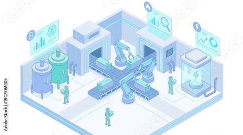 Isometric Smart Factory with Robotic Arms and IoT Data Analytics Dashboard, Modern Industrial Automation and Digital Manufacturing Technology