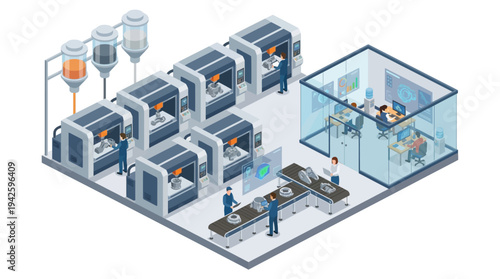 Isometric Smart Factory with 3D Printing Technology and Automated Manufacturing, Engineers Operating Industrial Machines in Modern Production Facility