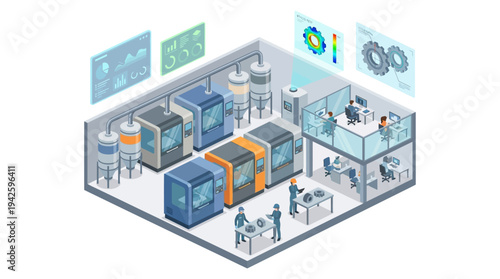 Isometric Smart Factory with 3D Printing Technology and Digital Manufacturing Control Room