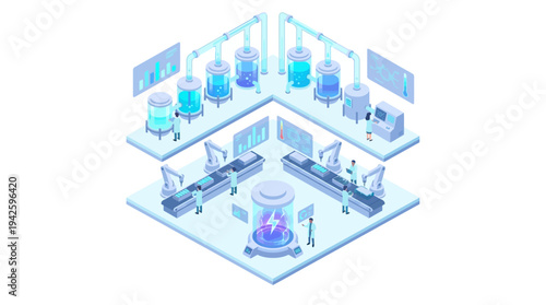 Isometric Smart Factory with Robotic Arms and Scientists Working in High-Tech Laboratory Manufacturing Facility, Blue Futuristic Industry 4.0 Automation Concept