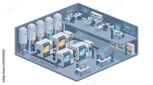Isometric Smart Factory Industry 4.0 with Automated Production Line, Digital Manufacturing Technology, Robotics and Engineers Monitoring Industrial Process