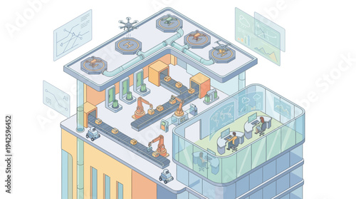 Isometric Smart Factory with Robotic Automation and Remote Monitoring Control Room, Modern Industrial Technology and Manufacturing Innovation Concept
