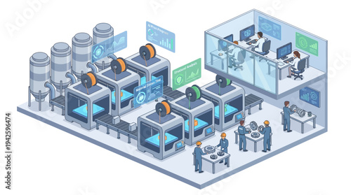 Isometric Smart Factory with 3D Printing Automation, Engineers Monitoring Digital Manufacturing Process and Industrial IoT Technology