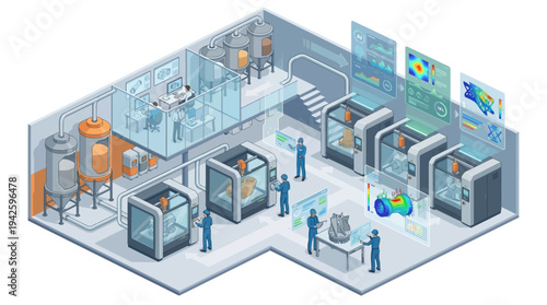 Isometric Smart Factory with 3D Printing Technology and Engineers Monitoring Industrial Manufacturing Process in Modern Clean Room Facility
