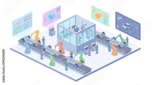 Isometric Smart Factory with Robotic Arms and Workers Monitoring Automated Car Assembly Line Production, Industry 4.0 Manufacturing Technology Concept