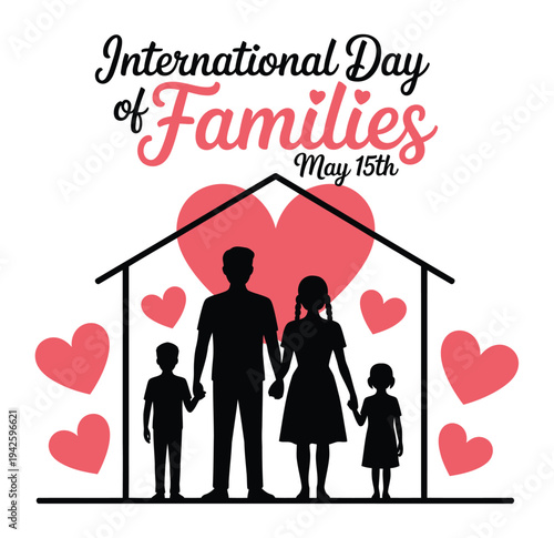 A family of four stands together in front of a house on International Day of Families