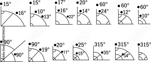 Geometric math angle degree measurement silhouettes set with various circular arcs and protractor design elements for education or technical engineering.Geometric math angle degree measurement silhoue