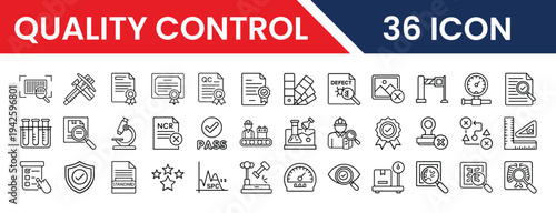 QC and inspection icons pack in vector format for web and app UI design including quality control, checklist, testing, approval, standards, and product inspection symbols