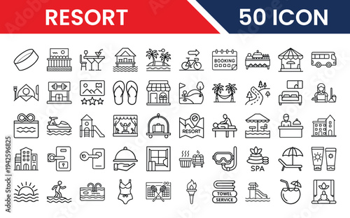 Vacation resort icons pack in vector format for web and app UI design including hotel, travel, beach, pool, leisure, and holiday symbols