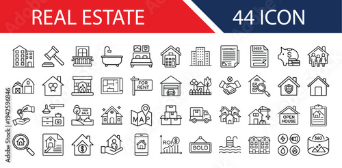 Property real estate icons pack in vector format for web and app UI design including house, building, home sale, rent, mortgage, and property symbols