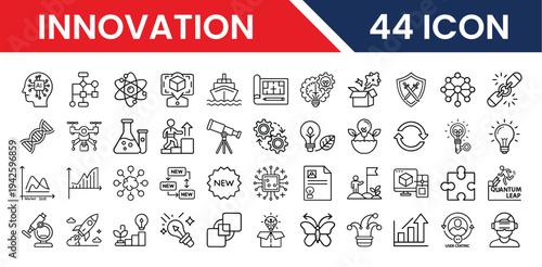 Innovation vector icons pack for web and app UI design featuring creativity, idea, light bulb, technology, startup, and modern innovation symbols