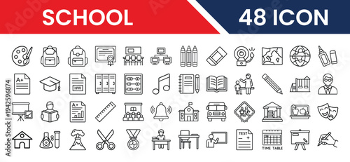Education school icons pack in vector format for web and app UI design including classroom, learning, books, students, teacher, and academic symbols