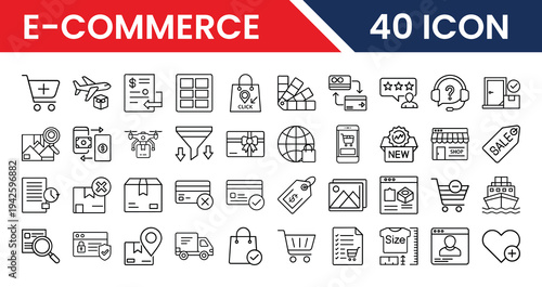 Online shopping icons pack in vector format for web and app UI design including e commerce, cart, payment, delivery, store, and retail symbols