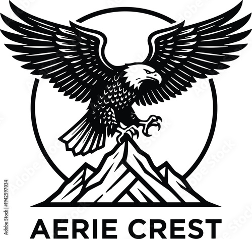 Cuadro en lienzo Majestic Eagle With Spread Wings Landing On Mountain Peak Aerie Crest Emblem, Bo