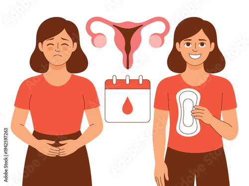 A woman experiencing menstrual cramps and another woman prepared for her period with a pad, illustrating the contrast between discomfort and preparedness.