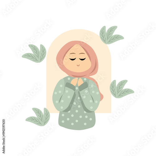 Illustration of a Serene Muslim Woman in Hijab Praying. Muslim Woman in Prayer Pose. Islamic Woman Praying Cartoon Sticker. 
