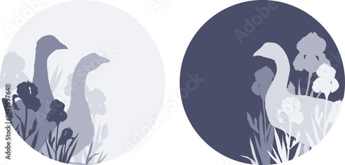 Vector set of goose and iris flower silhouettes in circles. Round nature icons with farm birds and blooming spring plants. Elegant floral emblems for logo and social media highlights
