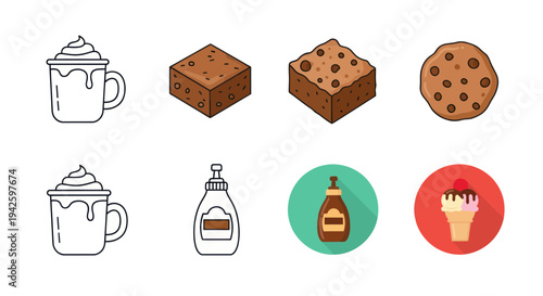Dessert Icons: Hot Chocolate, Brownie, Cookie, Sauce, Ice Cream Cone