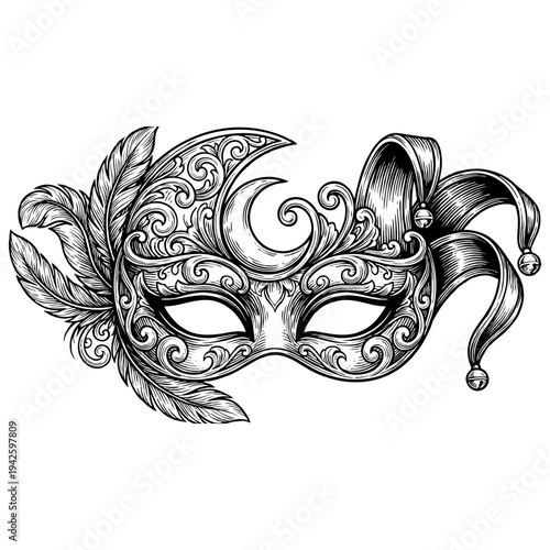Intricately designed masquerade mask with feathers and jester's hat