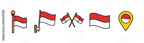 Indonesian flags in various designs and orientations waving freely