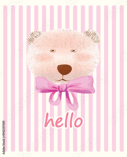 Cute adorable bear wearing pink ribbon kawai hand drawn retro vintage character vector illustration. Funny bear for kids isolated on background.