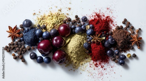 Colorful assortment of spices and berries on a white surface