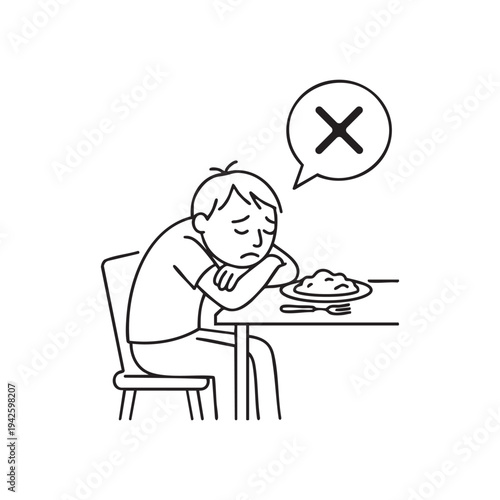 Sad Person Unhappy with Food Meal Feeling Disappointed Frustrated Boredom Lack of Appetite Sitting at Table with Plate and Fork Icon Simple Line Drawing Vector
