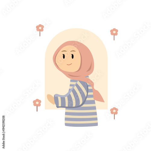 Smiling Muslim Woman in Hijab Waving from Archway Illustration. Muslim sticker. Muslim clip art. Girl illustration.