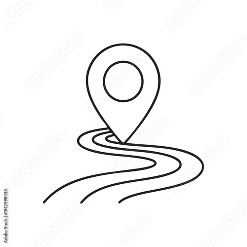 Simple Outline Map Pin Marker on Winding Road Path Conceptual Theme for Navigation Location Destination Travel Route Guidance Journey Adventure Discovery Exploration Finding Way Directional Signpost