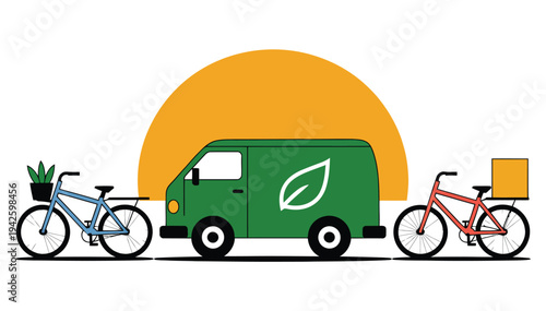 An eco-friendly delivery van with bicycles on either side, set against a vibrant orange sunset background, symbolizing sustainable transportation and environmentally responsible logistics.