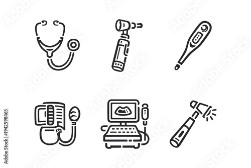 Essential Medical Examination and Diagnostic Tools Line Icons