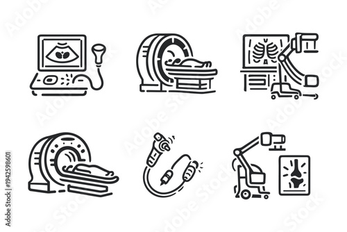 Modern Diagnostic Imaging Equipment and Medical Radiology Scan Icons