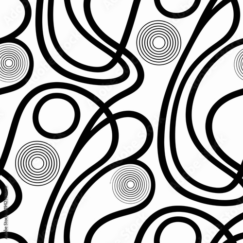Abstract Black Geometric Swirl Lines and Concentric Circles forming a Seamless Pattern