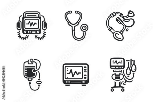 Hospital Clinic Medical Monitoring and Life Support Icons