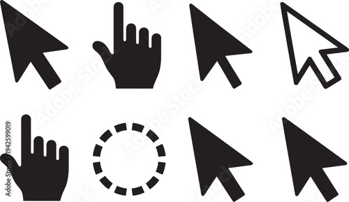 Collection of various black computer mouse cursor icons displaying pointer hand link select and loading states