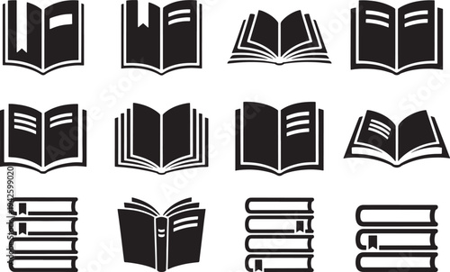 Collection of black and white vector icons representing various open books, closed stacks, and reading materials glyphs.