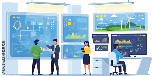 Illustration of people working in a renewable energy control room with various screens displaying data and wind turbines.