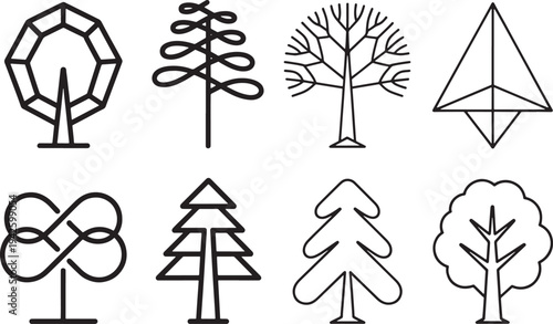 A set of black vector tree silhouettes and religious cross symbols creates a decorative pattern design for faith-based icons or tattoo illustrations
