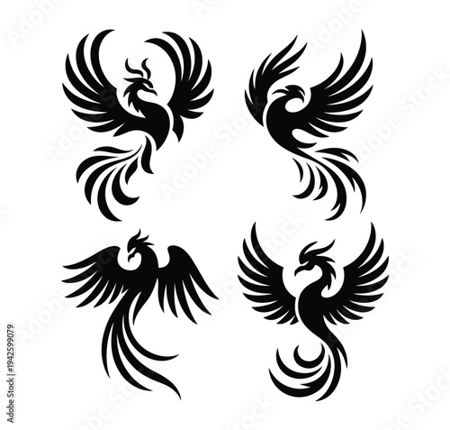 A set of four black phoenix silhouettes on a white background, showcasing various poses and wing positions.