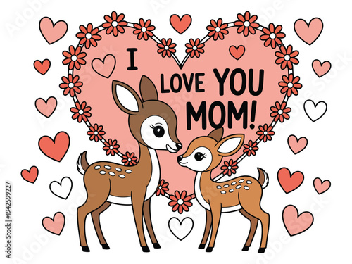 A heartwarming illustration of two deer surrounded by flowers and hearts with a sweet message for Mother's Day