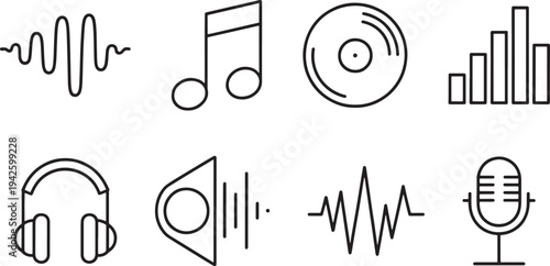 Collection of black outline icons representing various audio technology concepts like sound waves, music notes, and recording equipment.