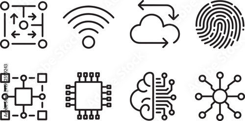 Minimalist line art vector icons for digital technology concepts, including data flow, wireless connectivity, cloud storage, and artificial intelligence.