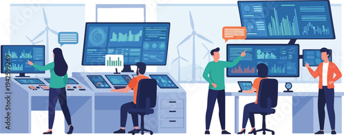 Illustration of people working in a renewable energy control room with computer screens and wind turbines in the background, conveying a sense of sustainability and technology.