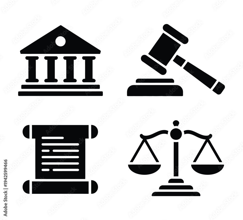 Fototapeta premium A set of black and white icons representing law and justice, including a courthouse, gavel, scroll, and scales.